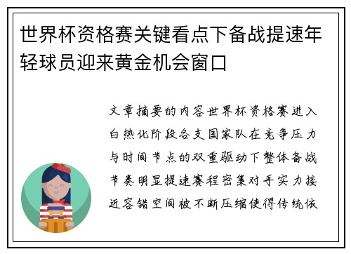 世界杯资格赛关键看点下备战提速年轻球员迎来黄金机会窗口